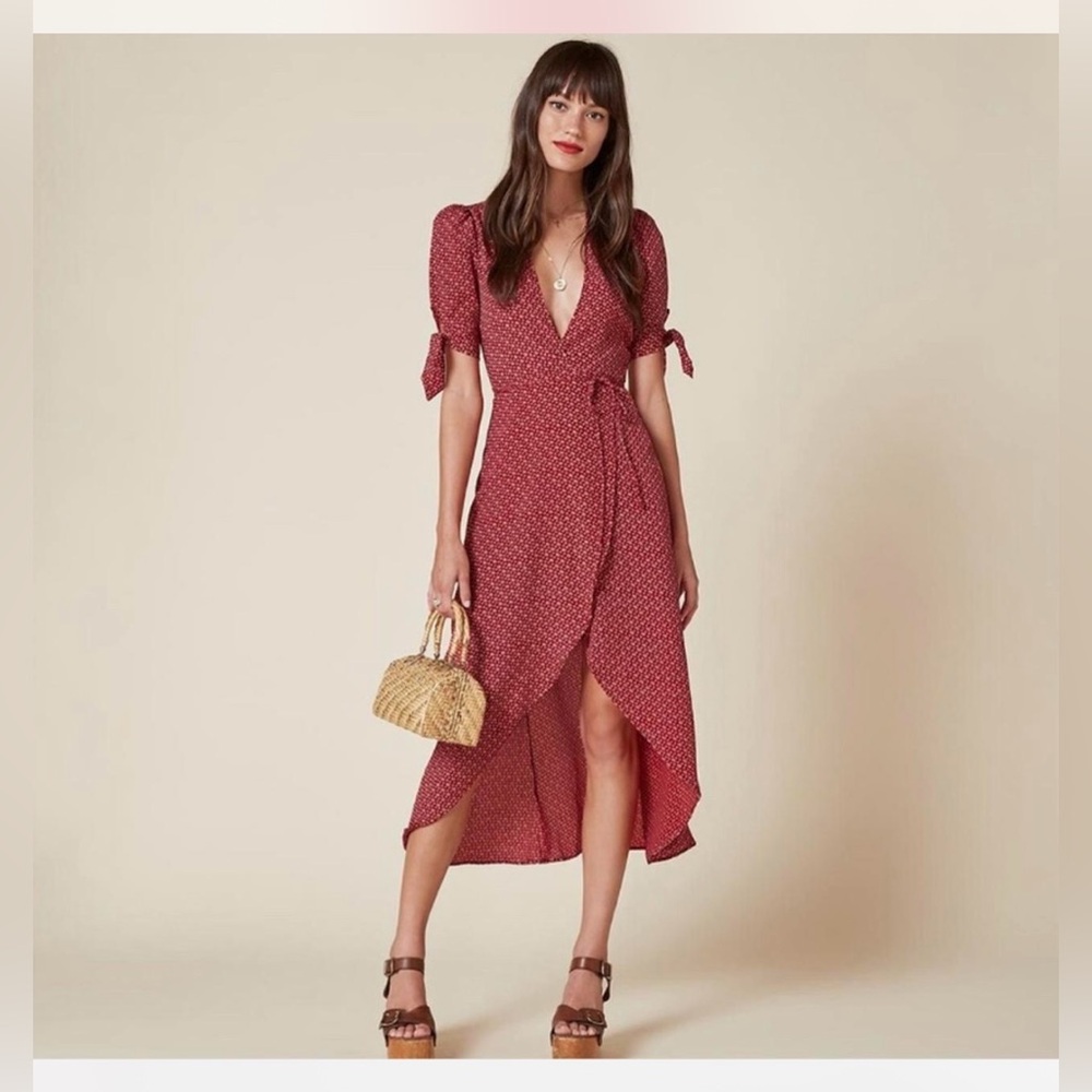 Reformation Royce Dress‎ Red Floral Wrap Midi A-line Size XS CottageCore Summer